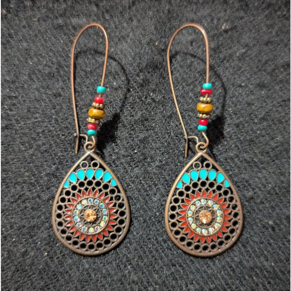 Copper Tone Blue And Red Beaded Clear Rhinestone Teardrop Dangle Earrings
